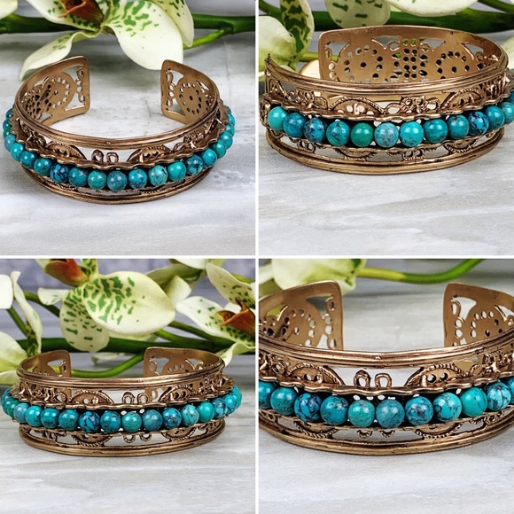 Boho Festival Bronze Round Turquoise Beaded Cuff - Picture 7 of 9